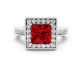 White gold Princess Cut Halo Diamond Engagement Ring with Milgrain Pave Band and Four-Prong Setting