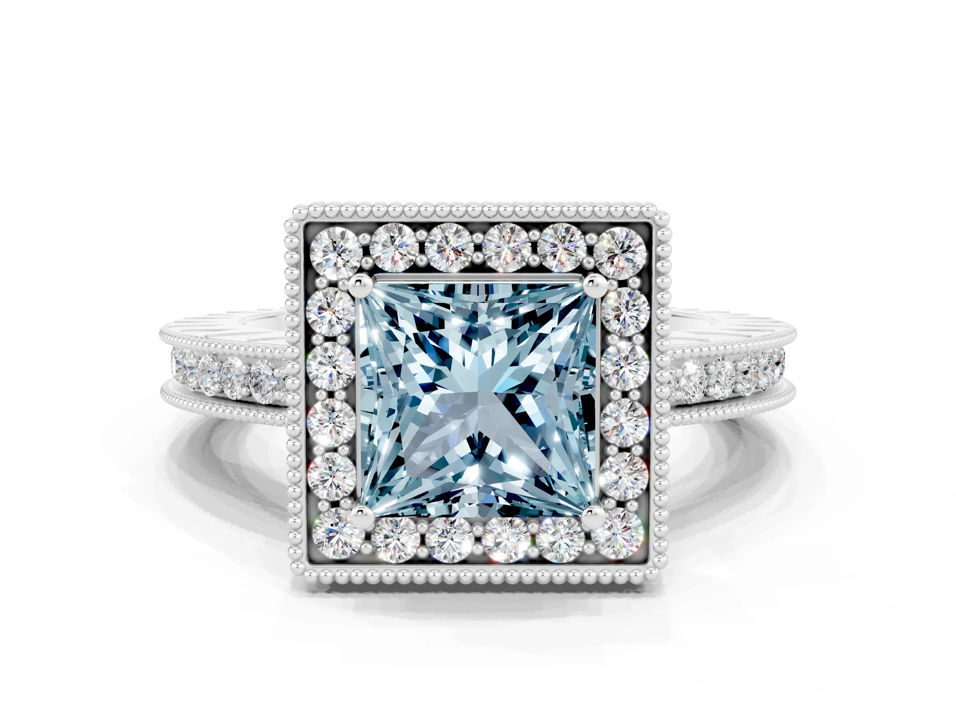 White gold Princess Cut Halo Diamond Engagement Ring with Milgrain Pave Band and Four-Prong Setting