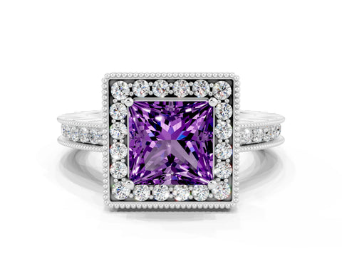White gold Princess Cut Halo Diamond Engagement Ring with Milgrain Pave Band and Four-Prong Setting