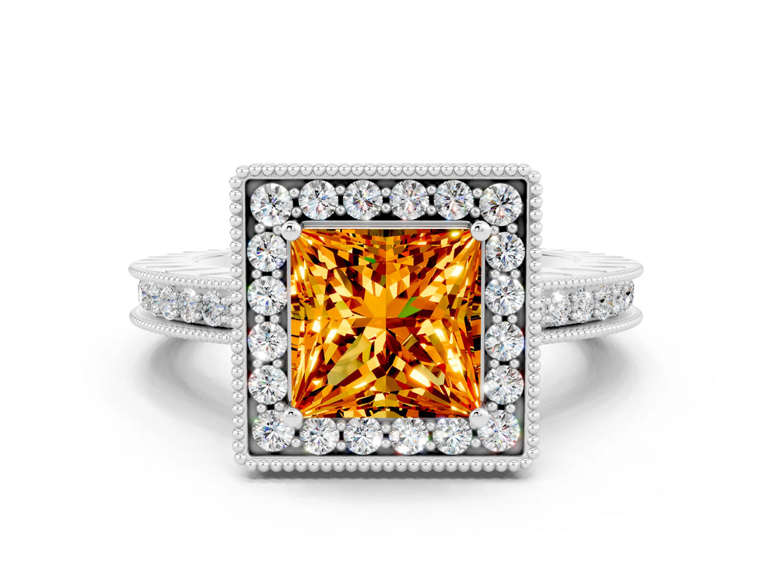 White gold Princess Cut Halo Diamond Engagement Ring with Milgrain Pave Band and Four-Prong Setting