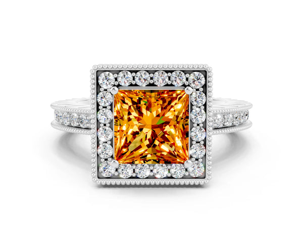 White gold Princess Cut Halo Diamond Engagement Ring with Milgrain Pave Band and Four-Prong Setting