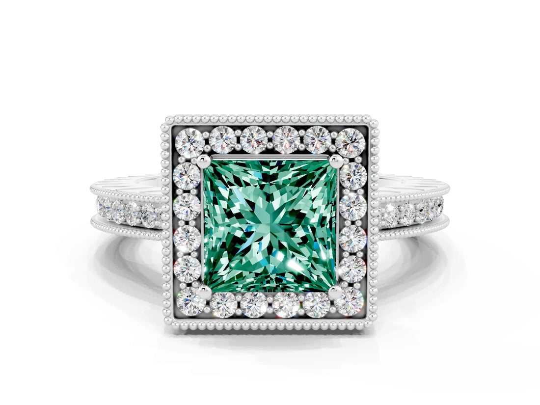 White gold Princess Cut Halo Diamond Engagement Ring with Milgrain Pave Band and Four-Prong Setting