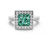 White gold Princess Cut Halo Diamond Engagement Ring with Milgrain Pave Band and Four-Prong Setting
