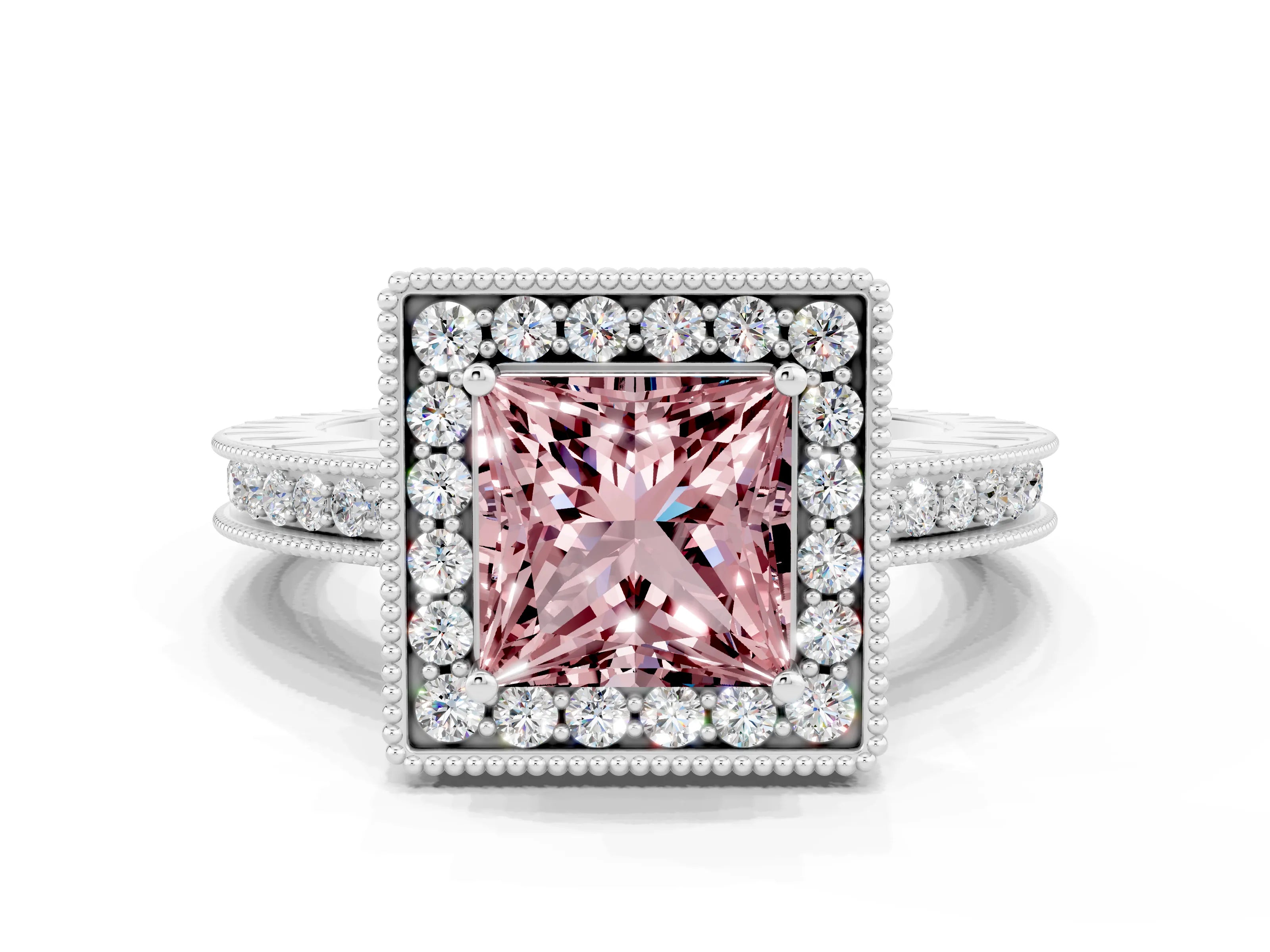 White gold Princess Cut Halo Diamond Engagement Ring with Milgrain Pave Band and Four-Prong Setting