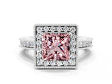 White gold Princess Cut Halo Diamond Engagement Ring with Milgrain Pave Band and Four-Prong Setting