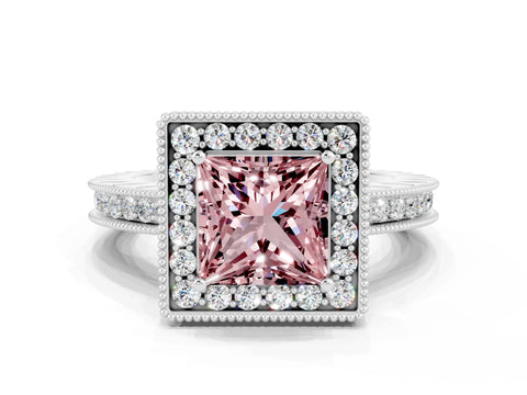 White gold Princess Cut Halo Diamond Engagement Ring with Milgrain Pave Band and Four-Prong Setting