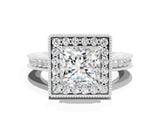 White gold Princess Cut Halo Diamond Engagement Ring with Milgrain Pave Band and Four-Prong Setting