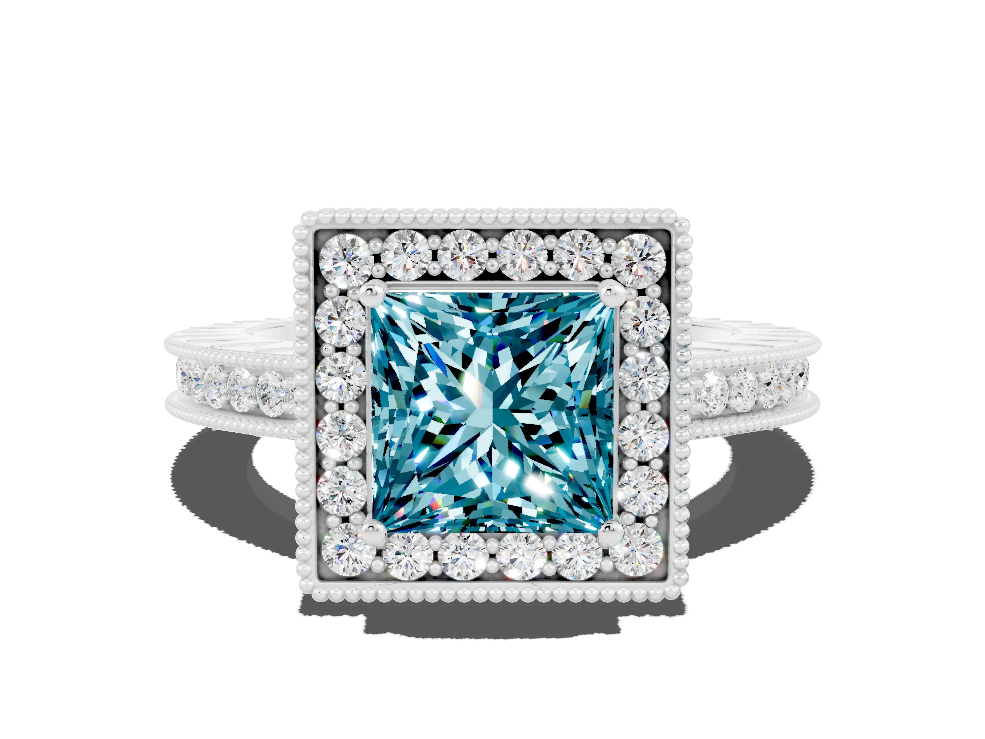 White gold Princess Cut Halo Diamond Engagement Ring with Milgrain Pave Band and Four-Prong Setting