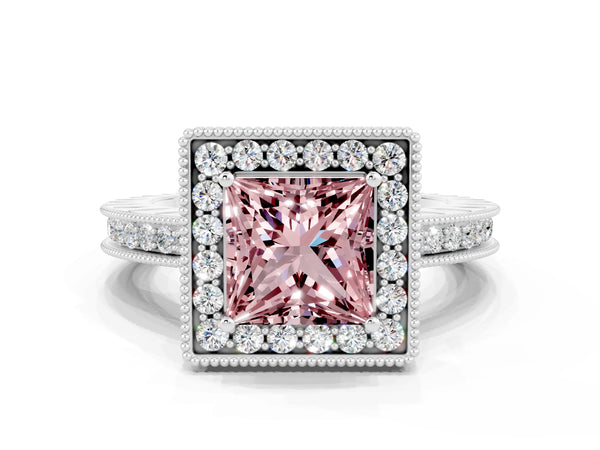 Platinum Princess Cut Halo Diamond Engagement Ring with Milgrain Pave Band and Four-Prong Setting