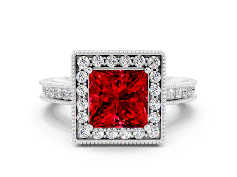 White gold Princess Cut Halo Diamond Engagement Ring with Milgrain Pave Band and Four-Prong Setting