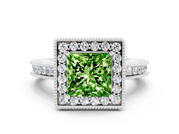 White gold Princess Cut Halo Diamond Engagement Ring with Milgrain Pave Band and Four-Prong Setting