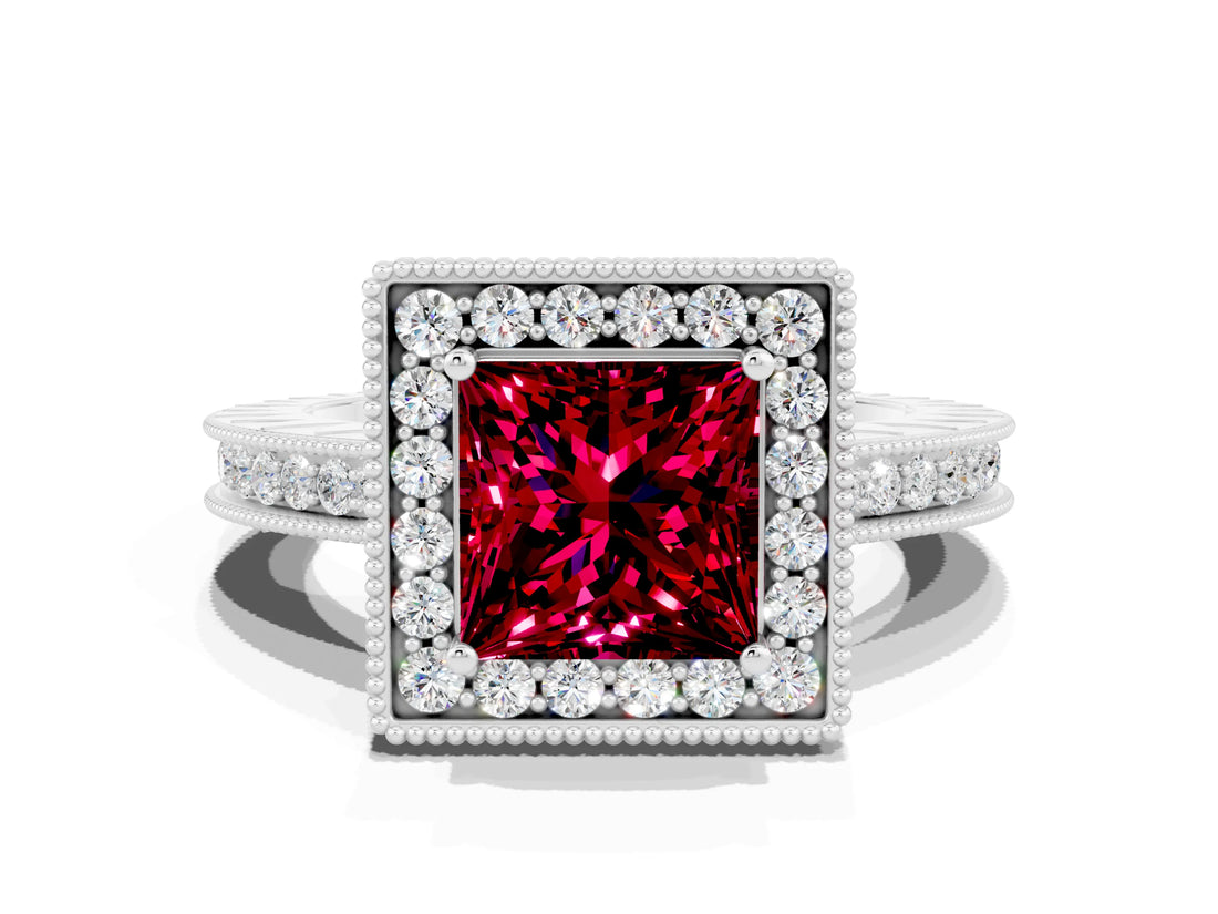 White gold Princess Cut Halo Diamond Engagement Ring with Milgrain Pave Band and Four-Prong Setting