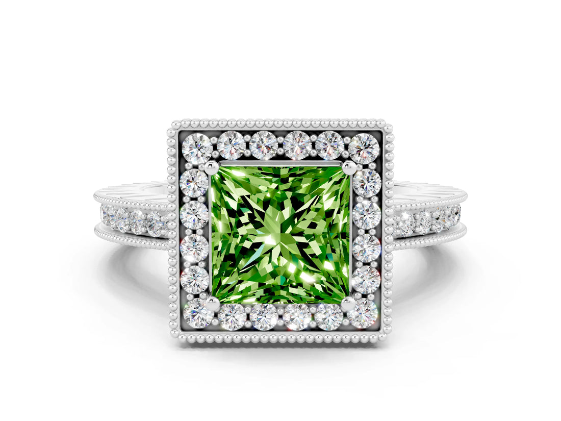 White gold Princess Cut Halo Diamond Engagement Ring with Milgrain Pave Band and Four-Prong Setting