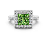 White gold Princess Cut Halo Diamond Engagement Ring with Milgrain Pave Band and Four-Prong Setting