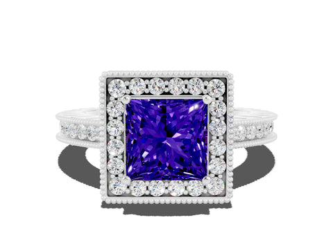 White gold Princess Cut Halo Diamond Engagement Ring with Milgrain Pave Band and Four-Prong Setting