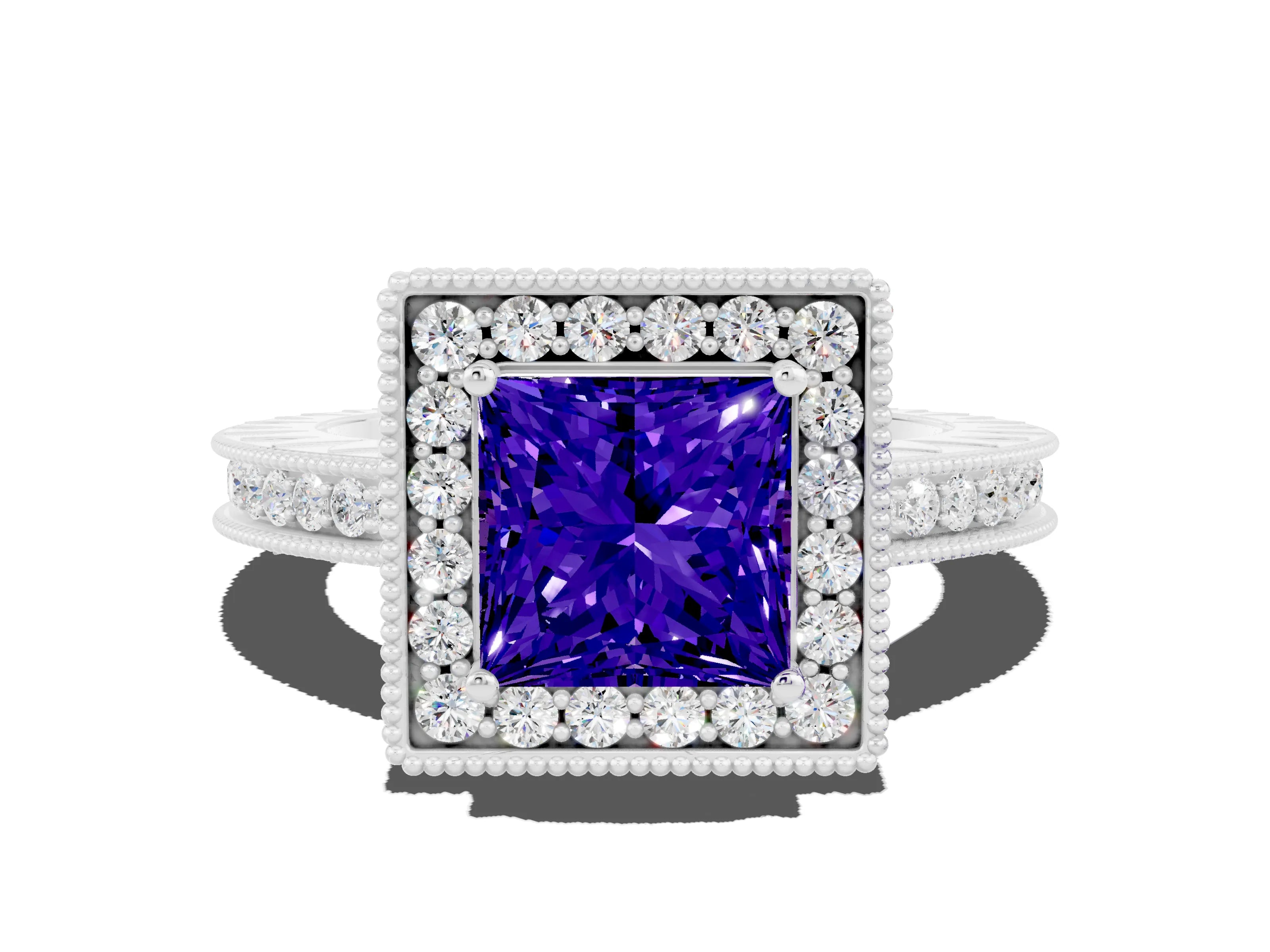 White gold Princess Cut Halo Diamond Engagement Ring with Milgrain Pave Band and Four-Prong Setting