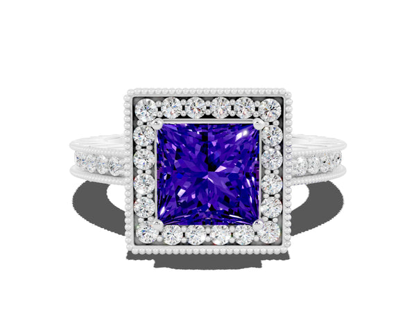 Platinum Princess Cut Halo Diamond Engagement Ring with Milgrain Pave Band and Four-Prong Setting