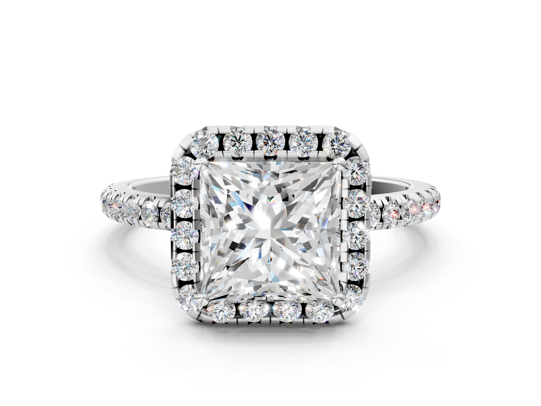 White gold Princess Cut Halo Diamond Engagement Ring with Pave Band and Four-Prong Setting_21