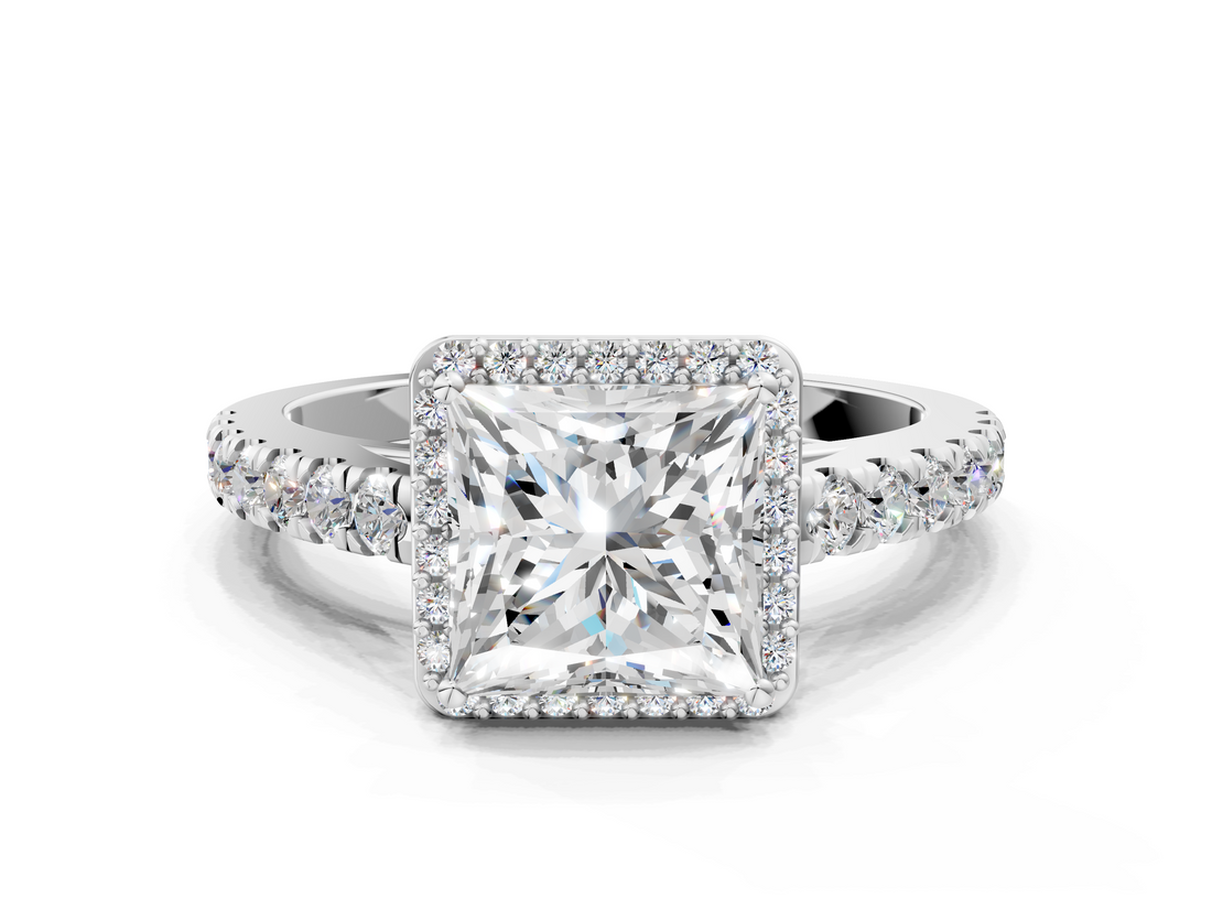 White gold Princess Cut Halo Diamond Engagement Ring with Pave Band and Four-Prong Setting_57
