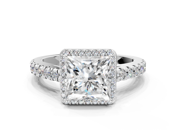 White gold Princess Cut Halo Diamond Engagement Ring with Pave Band and Four-Prong Setting