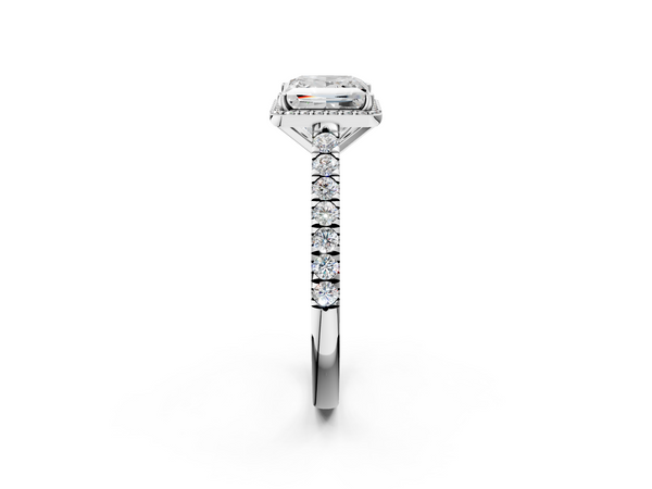 White gold Princess Cut Halo Diamond Engagement Ring with Pave Band and Four-Prong Setting
