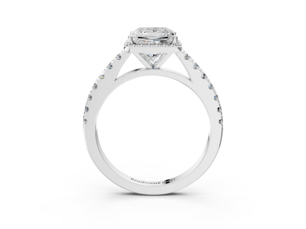 White gold Princess Cut Halo Diamond Engagement Ring with Pave Band and Four-Prong Setting