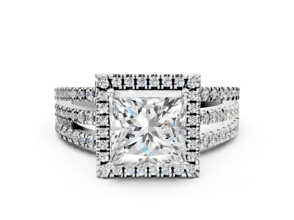 White gold Princess Cut Diamond Halo Engagement Ring with Split Shank and Four-Prong Setting