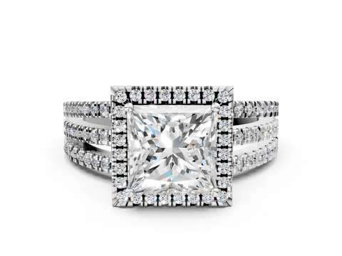 Silver 1.06 Carat E VS1 Princess Diamond Halo Engagement Ring with Split Shank and Four-Prong Setting