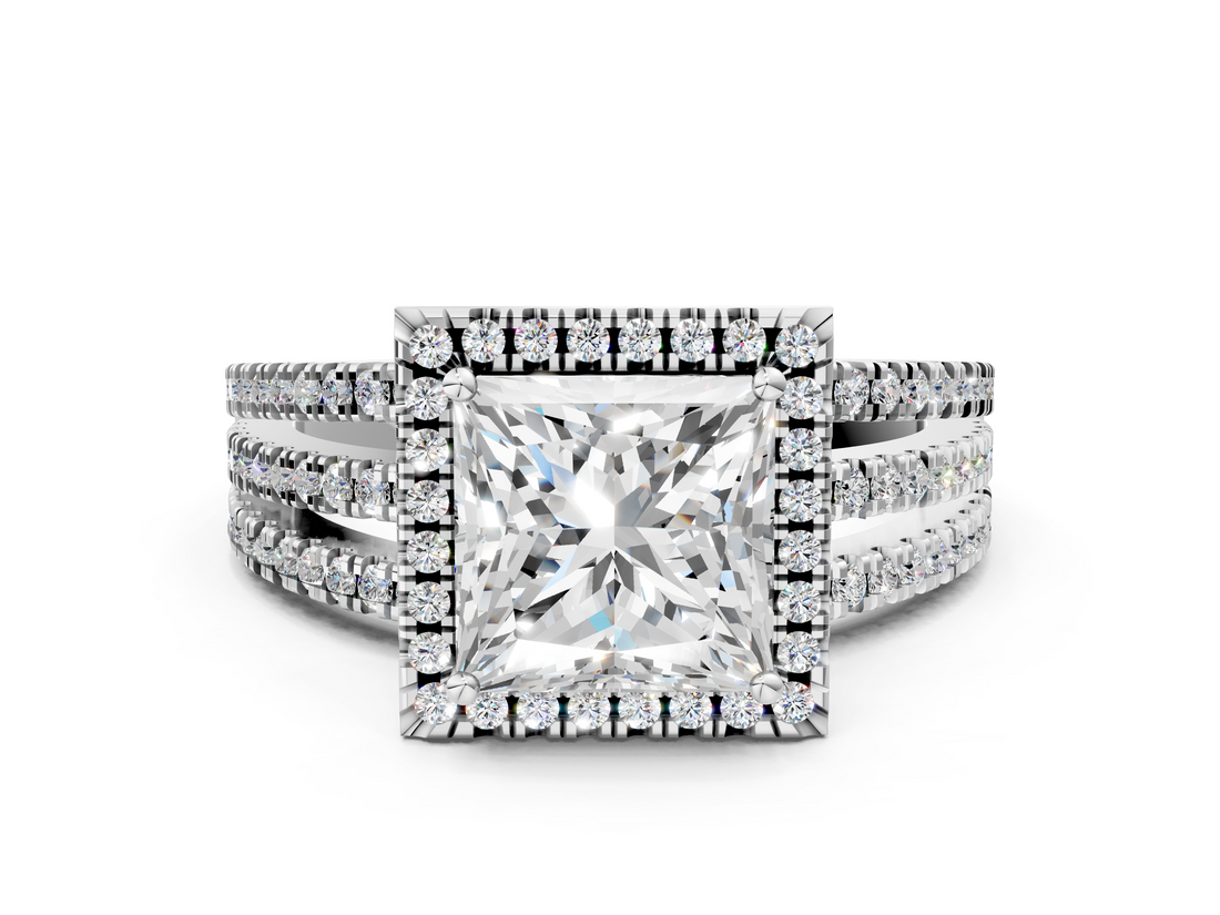 White gold Princess Cut Halo Diamond Engagement Ring with Split Shank and Four-Prong Setting_61