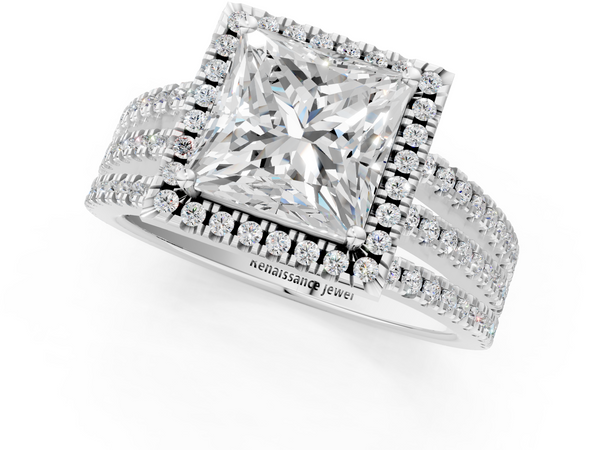 Silver 1.06 Carat E VS1 Princess Diamond Halo Engagement Ring with Split Shank and Four-Prong Setting