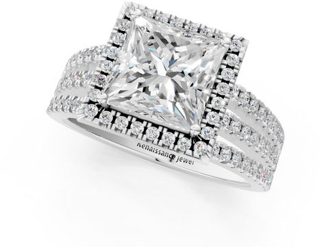 Silver 1.06 Carat E VS1 Princess Diamond Halo Engagement Ring with Split Shank and Four-Prong Setting