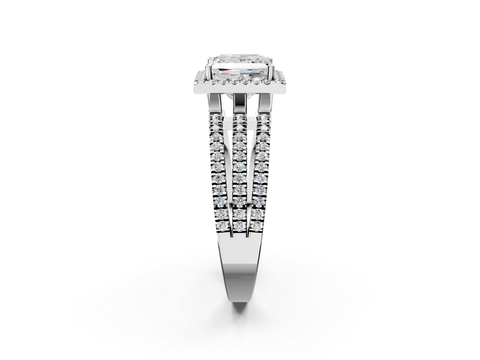 Silver 1.06 Carat E VS1 Princess Diamond Halo Engagement Ring with Split Shank and Four-Prong Setting
