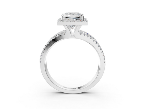 Silver 1.06 Carat E VS1 Princess Diamond Halo Engagement Ring with Split Shank and Four-Prong Setting