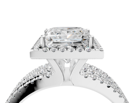 Silver 1.06 Carat E VS1 Princess Diamond Halo Engagement Ring with Split Shank and Four-Prong Setting