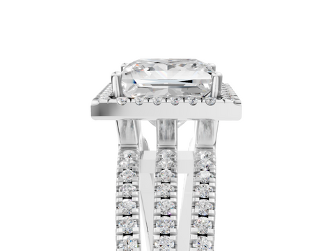 Silver 1.06 Carat E VS1 Princess Diamond Halo Engagement Ring with Split Shank and Four-Prong Setting