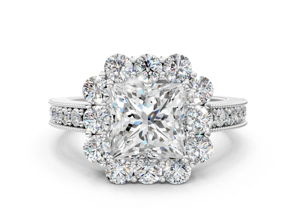 White gold Princess Cut Halo Diamond Pavé Engagement Ring with Milgrain Detailing