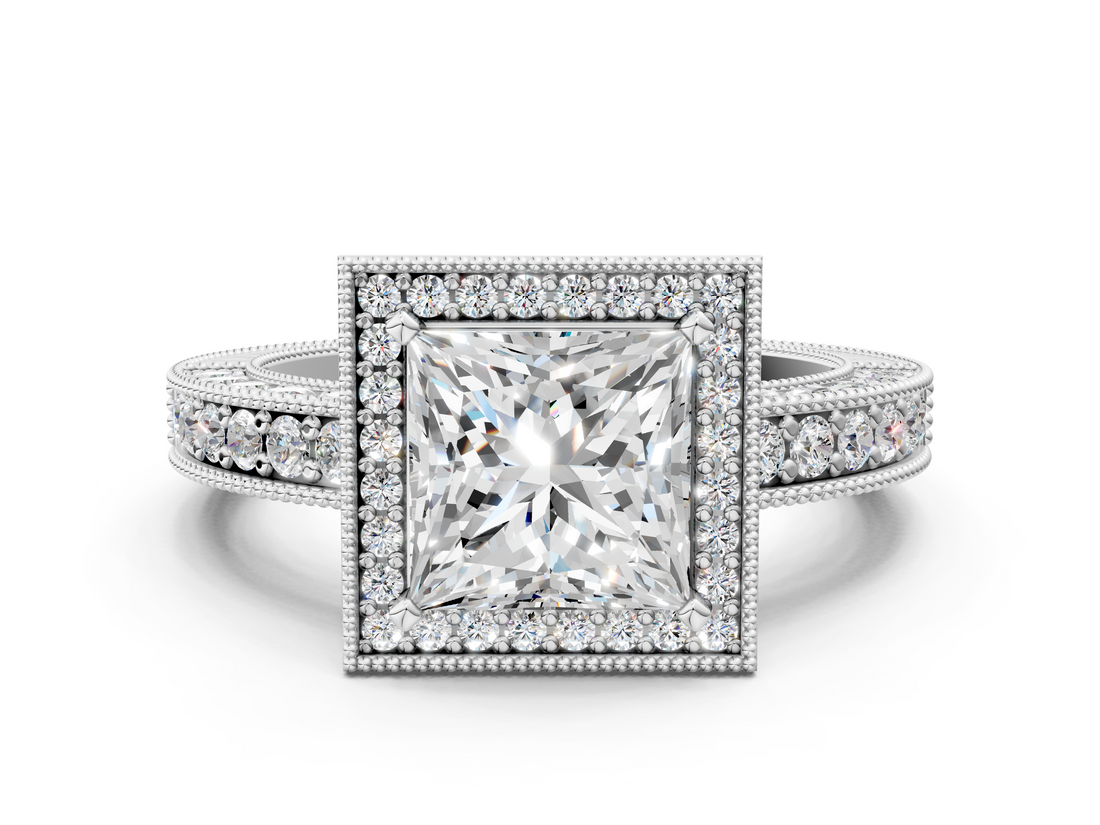 White gold Princess Cut Halo Diamond Pave Band Ring with Four-Prong Setting_81