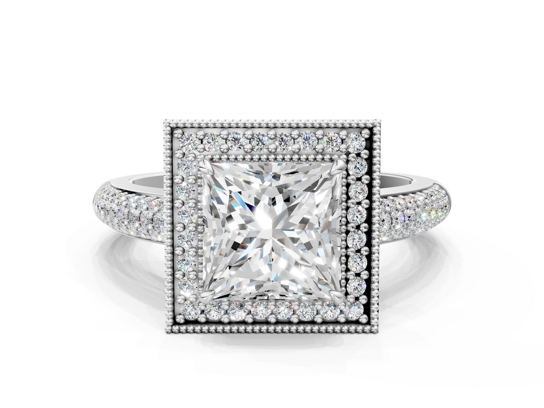 White gold Princess Cut Halo Diamond Pave Band with Four-Prong Setting_66