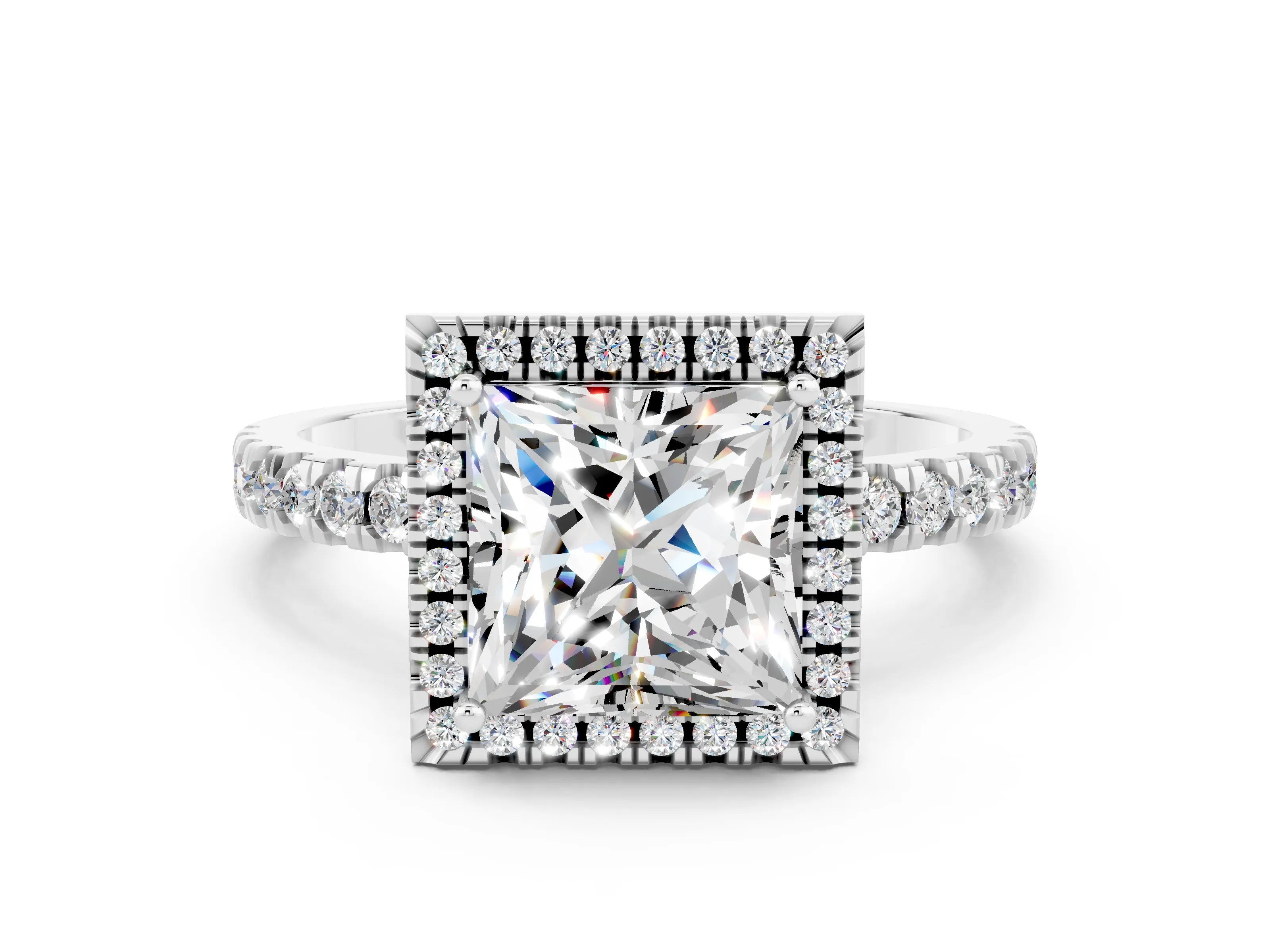 White gold Princess Cut Halo Diamond Pave Band with Prong Setting