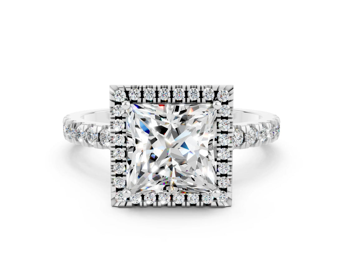 White gold Princess Cut Halo Diamond Pave Band with Prong Setting