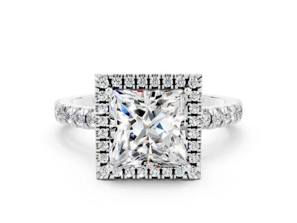 Platinum Princess Cut Moissanite Classic Halo Engagement Ring with Round Pavé Band and Prong Setting