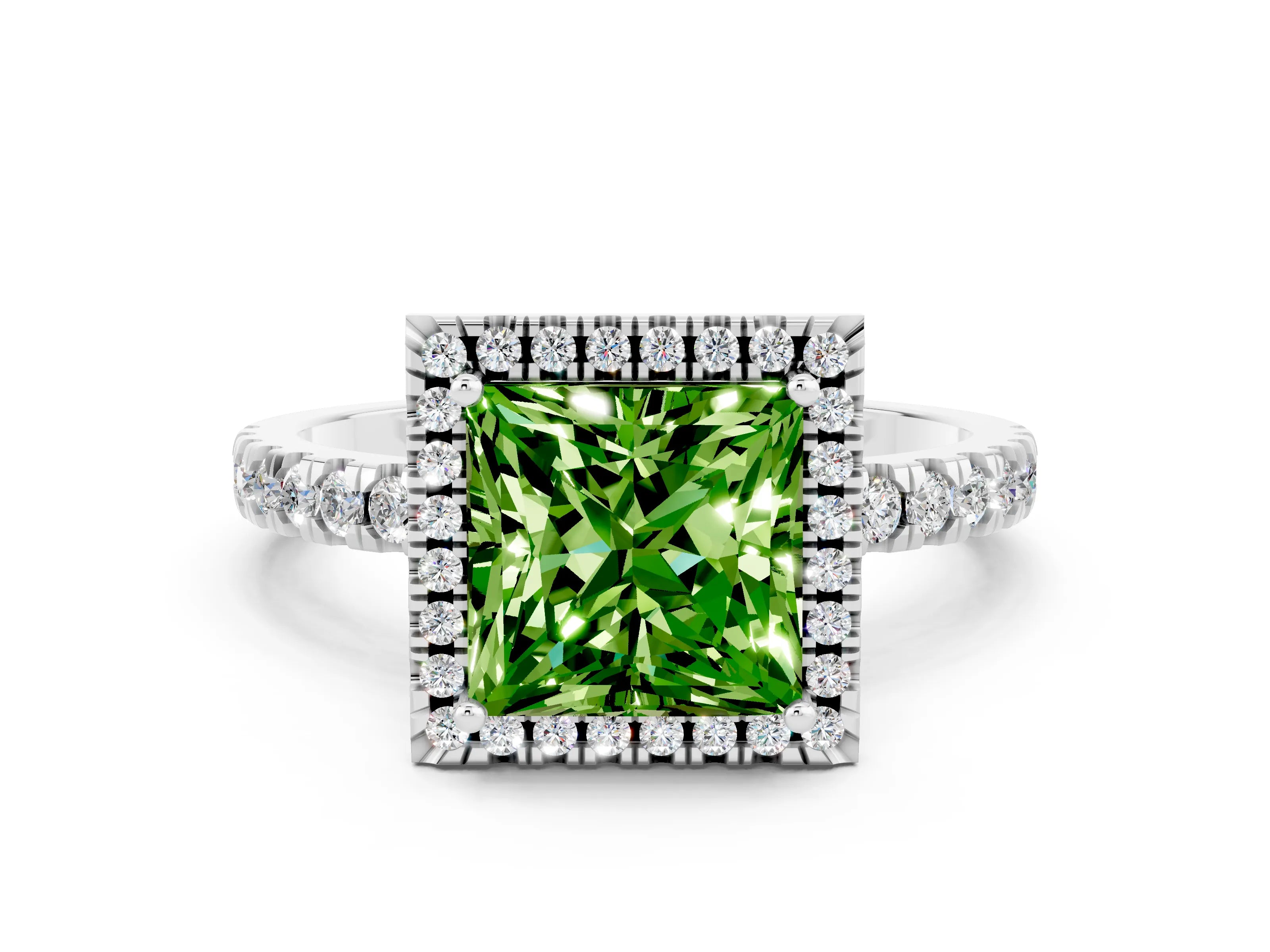 White gold Princess Cut Halo Diamond Pave Band with Prong Setting