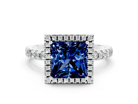 White gold Princess Cut Halo Diamond Pave Band with Prong Setting