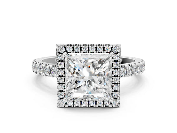 White gold Princess Cut Halo Diamond Pave Band with Prong Setting