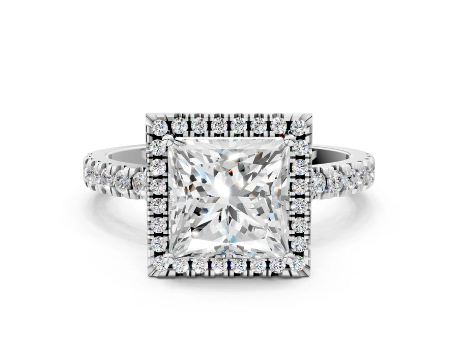 White gold Princess Cut Halo Diamond Pave Band with Prong Setting