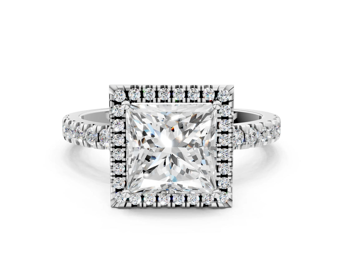 White gold Princess Cut Halo Diamond Pave Band with Prong Setting_12