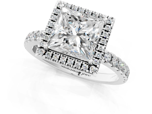 White gold Princess Cut Halo Diamond Pave Band with Prong Setting