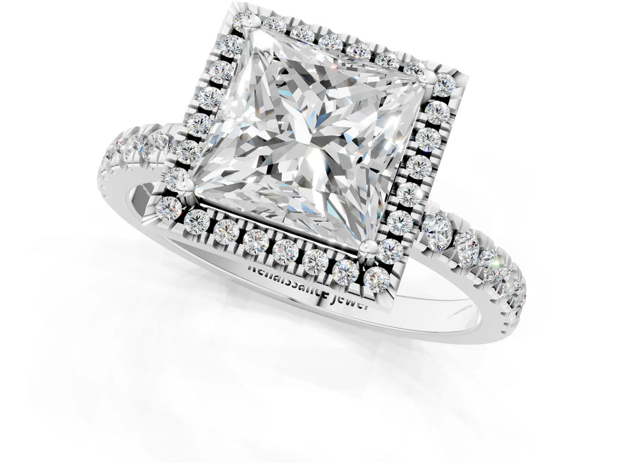 White gold Princess Cut Halo Diamond Pave Band with Prong Setting