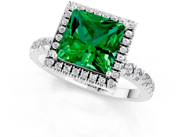 Silver Princess Cut Emerald Classic Halo Engagement Ring with Round Pavé Band and Prong Setting