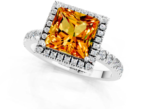 Platinum Princess Cut Citrine Classic Halo Engagement Ring with Round Pavé Band and Prong Setting